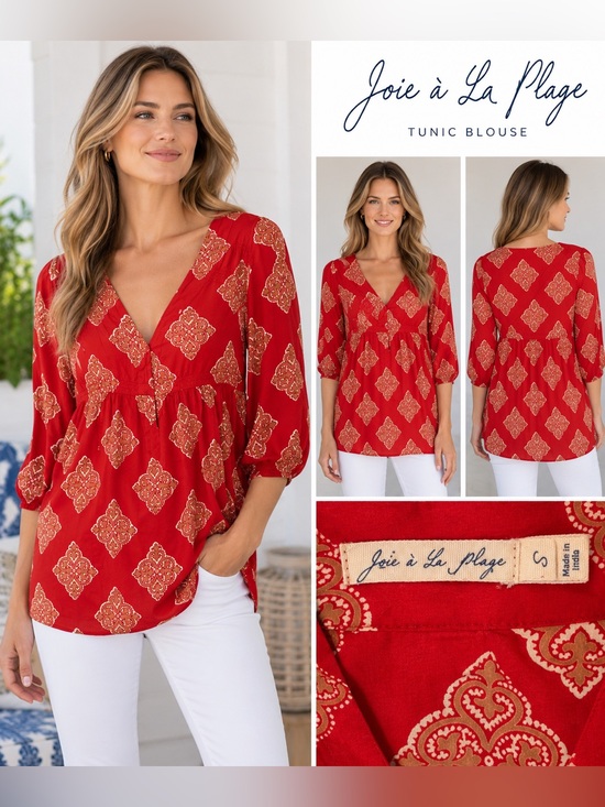 Joie Tops - Joie a La Plage Red Medallion Print VNeck Tunic Blouse Size Small 3/4 Sleeve